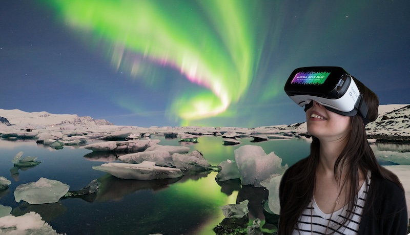 This picture shows the northern lights in Iceland with a picture of a young woman with VR glasses.