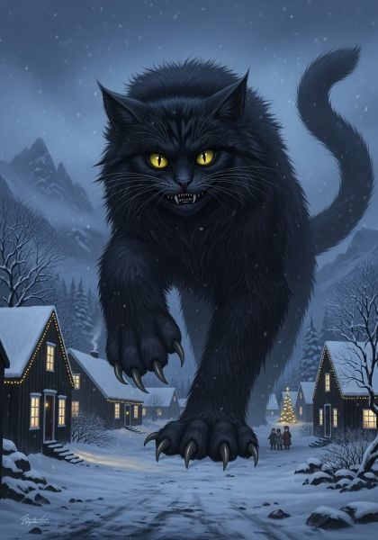 A digitally painted illustration depicts a colossal, monstrous black cat with glowing yellow eyes, sharp fangs, and long claws, striding menacingly through a snowy village at dusk. The cat, representing the Jólakötturinn, dominates the scene, its massive paws towering over the small, snow-covered houses decorated with warm yellow lights. In the distance, three small figures stand near a lit Christmas tree, looking up at the approaching creature. Bare trees, snow-covered pine forests, and jagged mountains are visible under a gloomy, snowy sky in the background, enhancing the dramatic and ominous atmosphere.