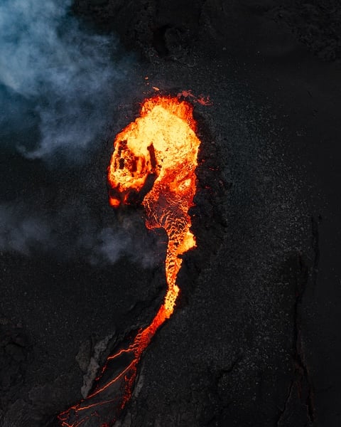 Aerial view active volcanic vent lava flow Reykjanes eruption Iceland - drone photography by Rico de Jong.