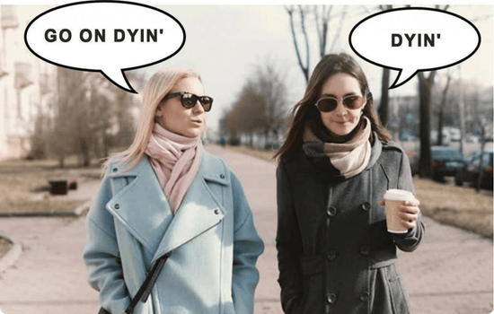 Two women walking outside in winter clothes and sunglasses, joking about how the Icelandic greeting “Góðan daginn” sounds like “go dyin’” in English, shown through speech bubbles.