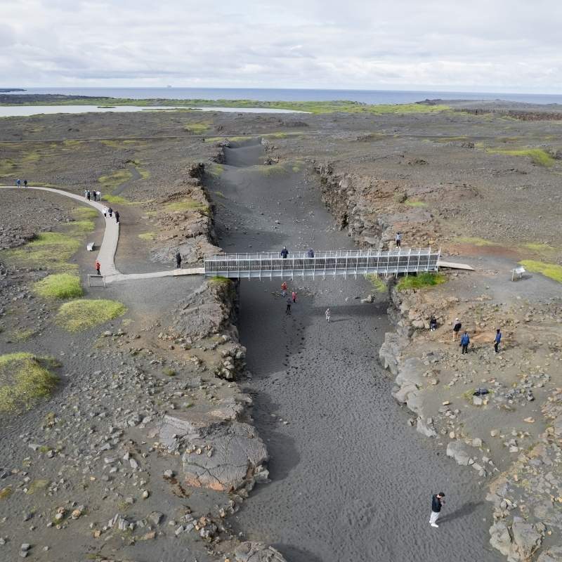 The Bridge Between Continents on the Reykjanes peninsula, spanning the rift between the North American and Eurasian tectonic plates.
