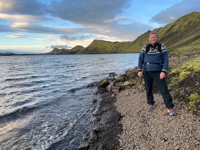 Jón Heiðar Ragnheiðarson, editor of Stuck in Iceland Travel Magazine, standing by Langisjór lake in the Icelandic Highlands
