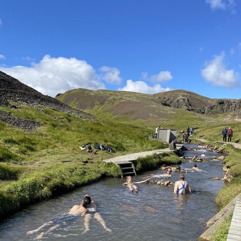 athers soaking in the Reykjadalur hot river on a sunny summer day, surrounded by green hills and a wooden boardwalk.